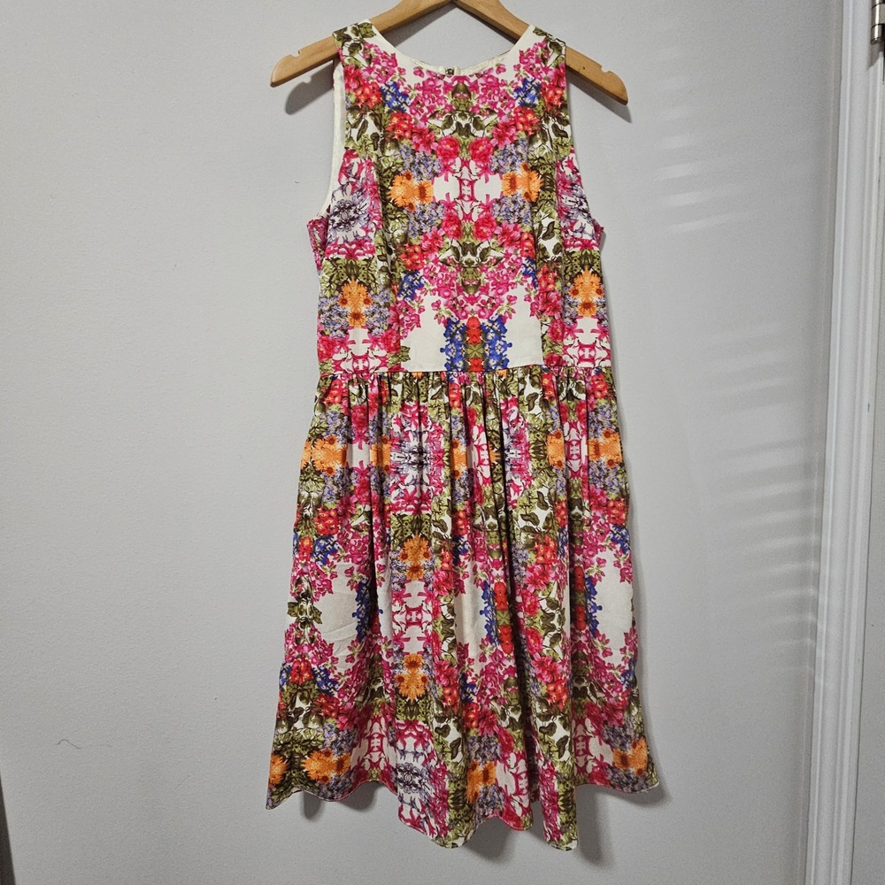 Maggy London Floral Midi Dress in White with Pink, Orange & Green